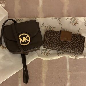 Michael Kors Dark Brown Leather Crossbody Bag & Fossil Wallet